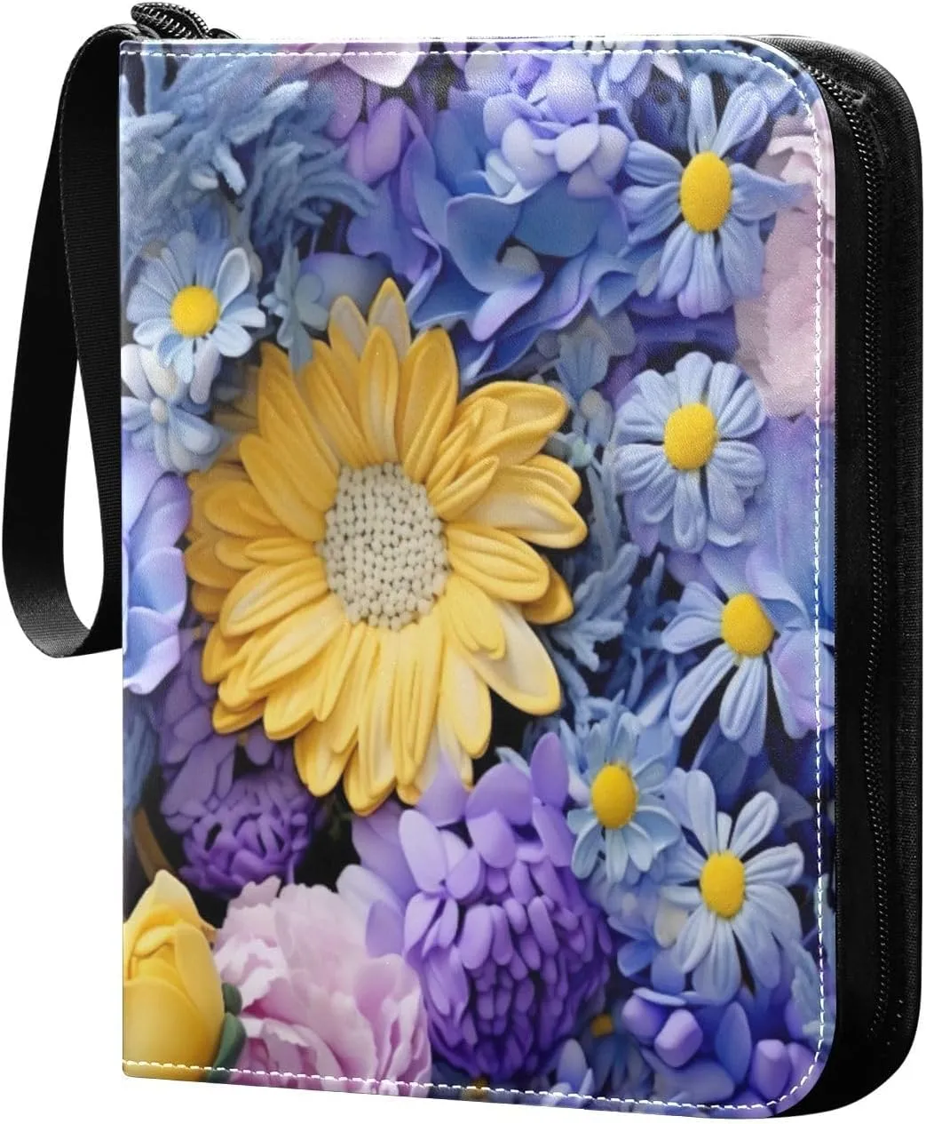 Colorful Flowers Card Binder with 50 Removable Page Sleeves PU Leather Collectible Trading Card Albums Book with Zipper for Games Card,Baseball Cards