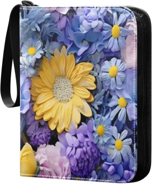 Colorful Flowers Card Binder with 50 Removable Page Sleeves PU Leather Collectible Trading Card Albums Book with Zipper for Games Card,Baseball Cards