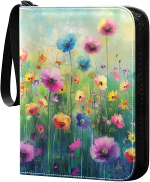 Colorful Flowers Painting Card Binder 4-Pocket, 400 Pockets Card Holder with 50 Removable Sleeves and Zipper for Games Baseball Football Sports Card