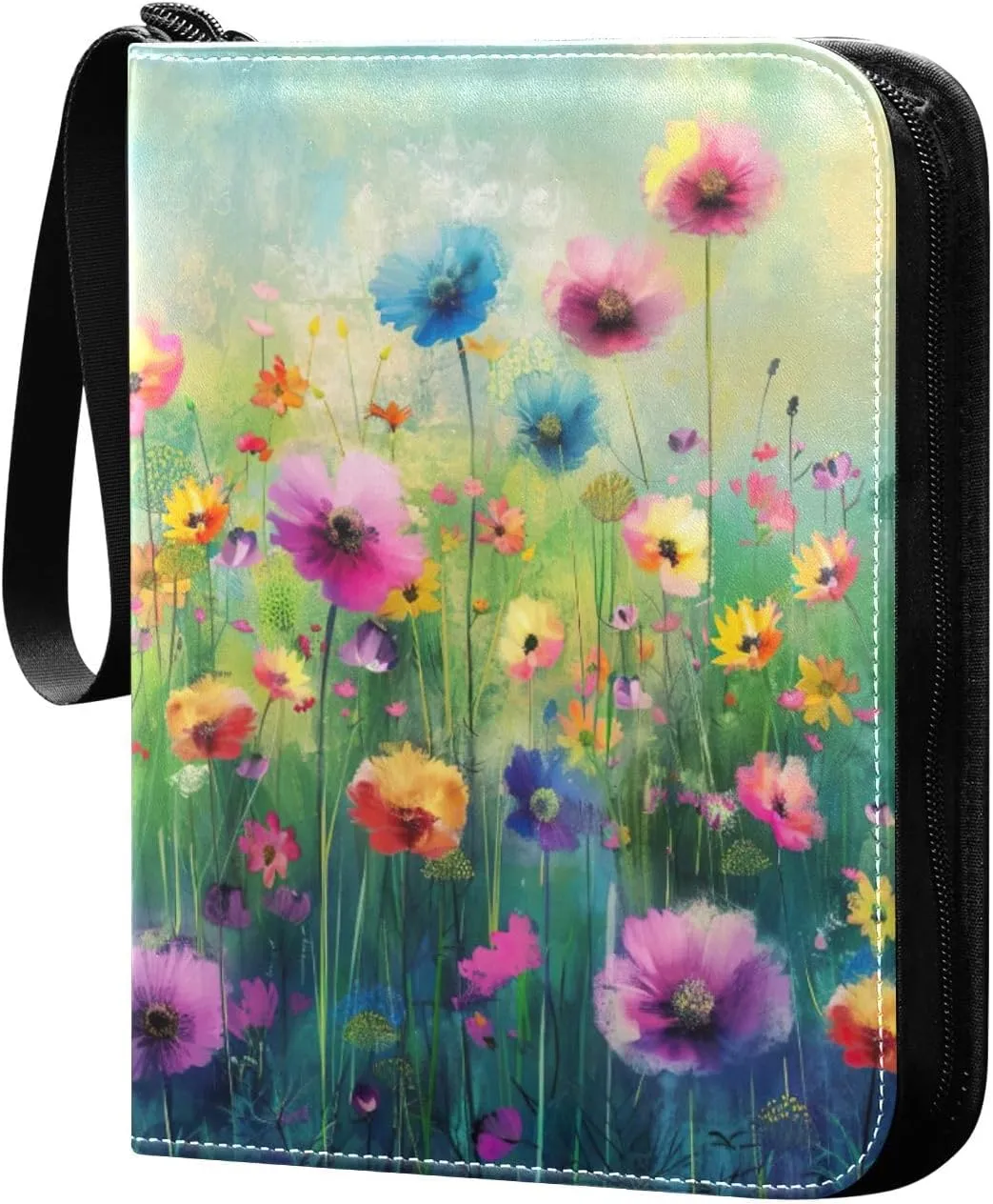 Colorful Flowers Painting Card Binder 4-Pocket, 400 Pockets Card Holder with 50 Removable Sleeves and Zipper for Games Baseball Football Sports Card