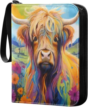 Colorful Highland Cattle Card Binder 4-Pocket, 400 Pockets PU Waterproof Zippered Collector Card Album with 50 Removable Sleeves for Trading, Game Cards