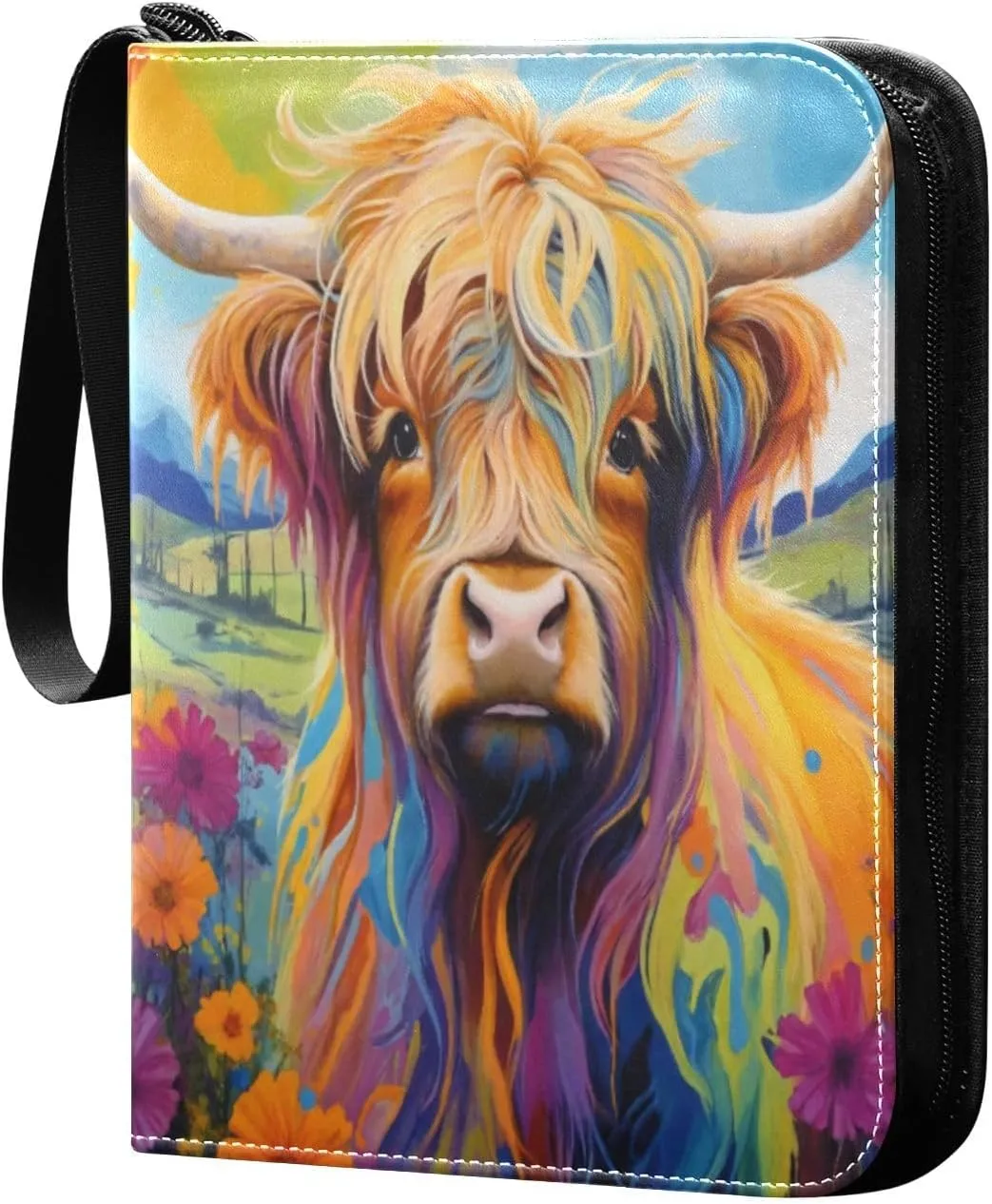Colorful Highland Cattle Card Binder 4-Pocket, 400 Pockets PU Waterproof Zippered Collector Card Album with 50 Removable Sleeves for Trading, Game Cards
