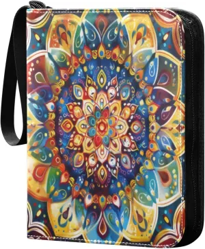 Colorful Mandala Card Binder 4-Pocket, 400 Pockets PU Waterproof Zippered Collector Card Album with 50 Removable Sleeves for Trading, Game Cards