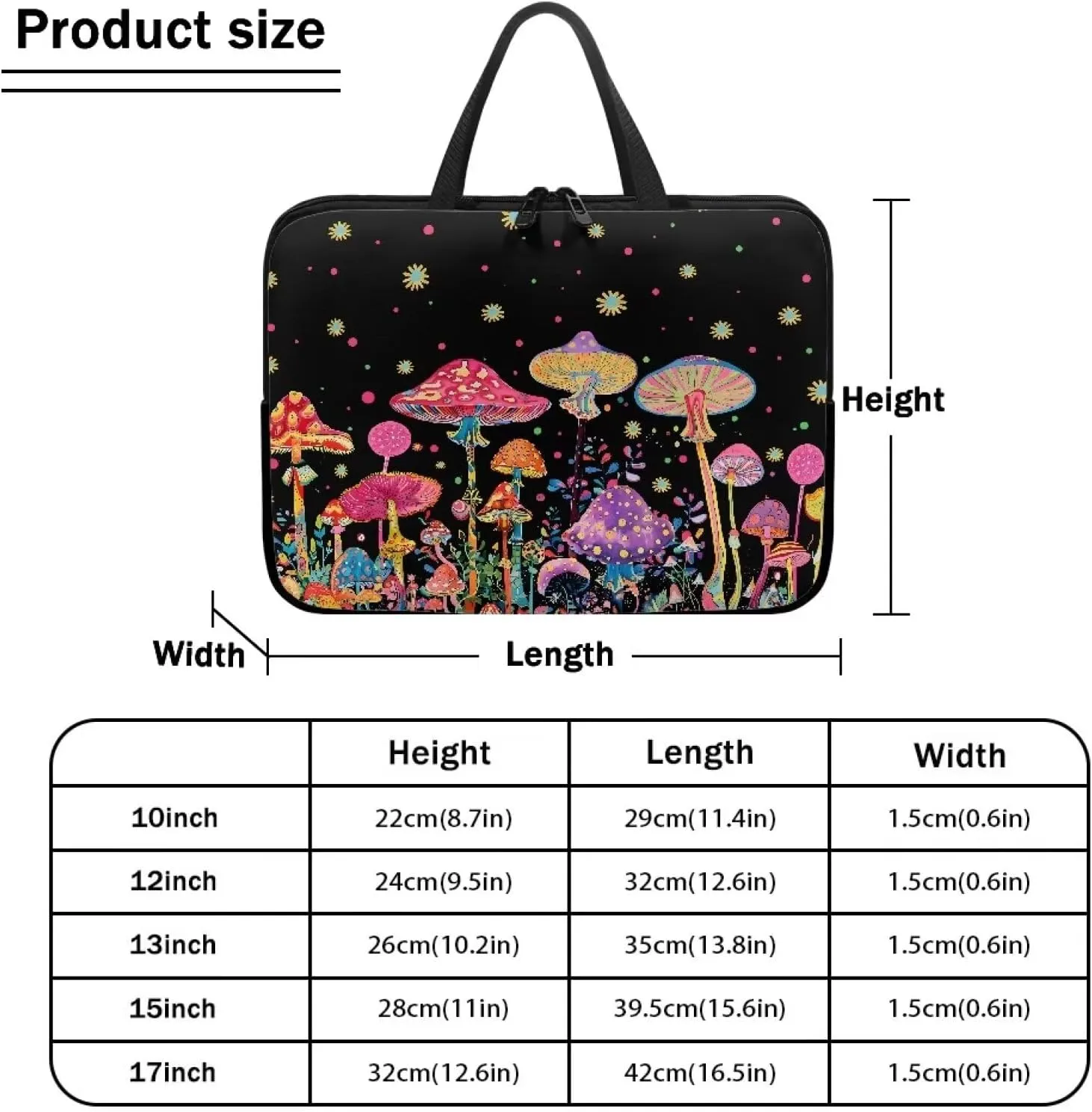 Colorful Mushrooms 10-17 Inch Kids Tablet Portable Neoprene Zipper Carrying Sleeve Case Bag Computer Tablet Handbag Case Notebook Messenger Briefcase for Travel/Business/School