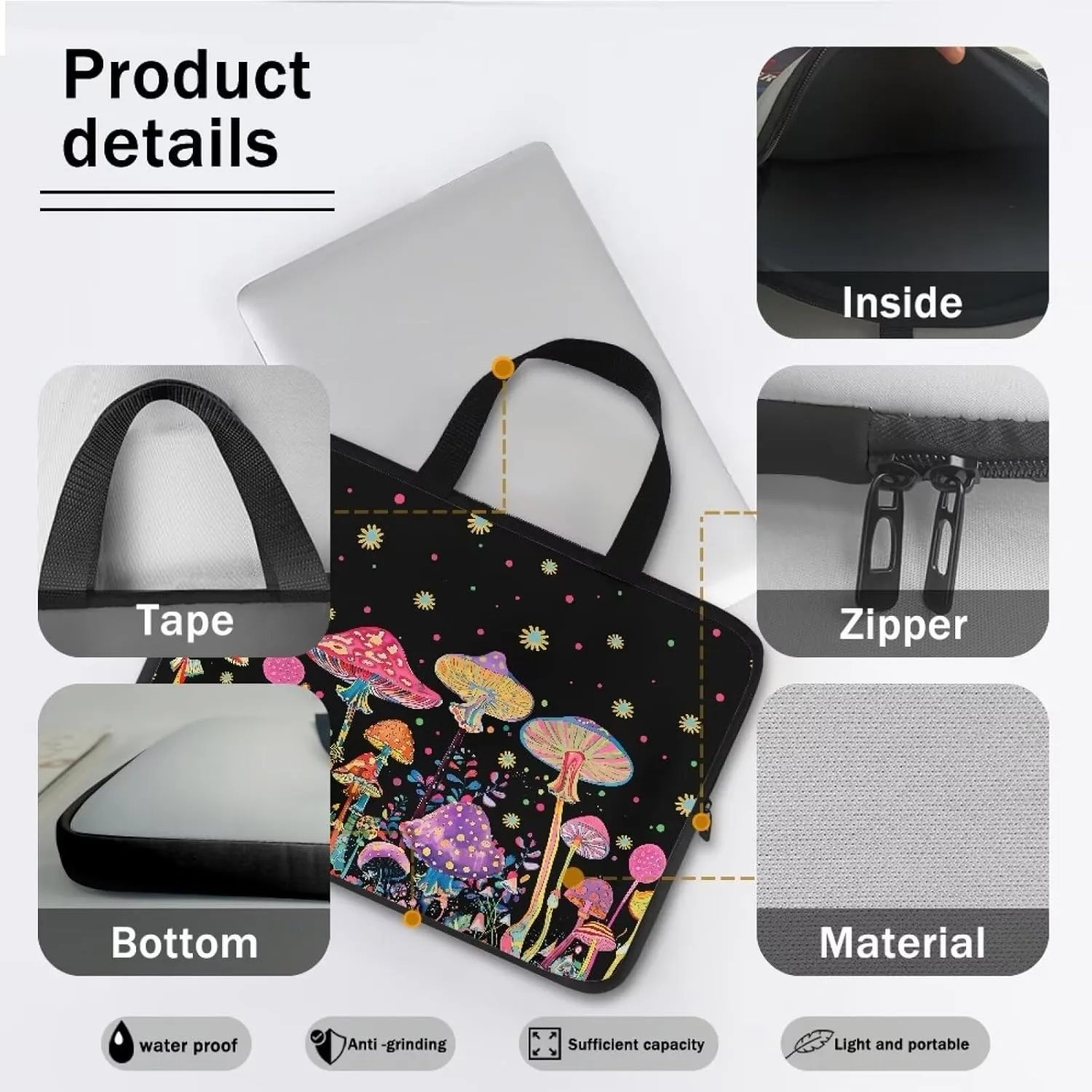 Colorful Mushrooms 10-17 Inch Kids Tablet Portable Neoprene Zipper Carrying Sleeve Case Bag Computer Tablet Handbag Case Notebook Messenger Briefcase for Travel/Business/School