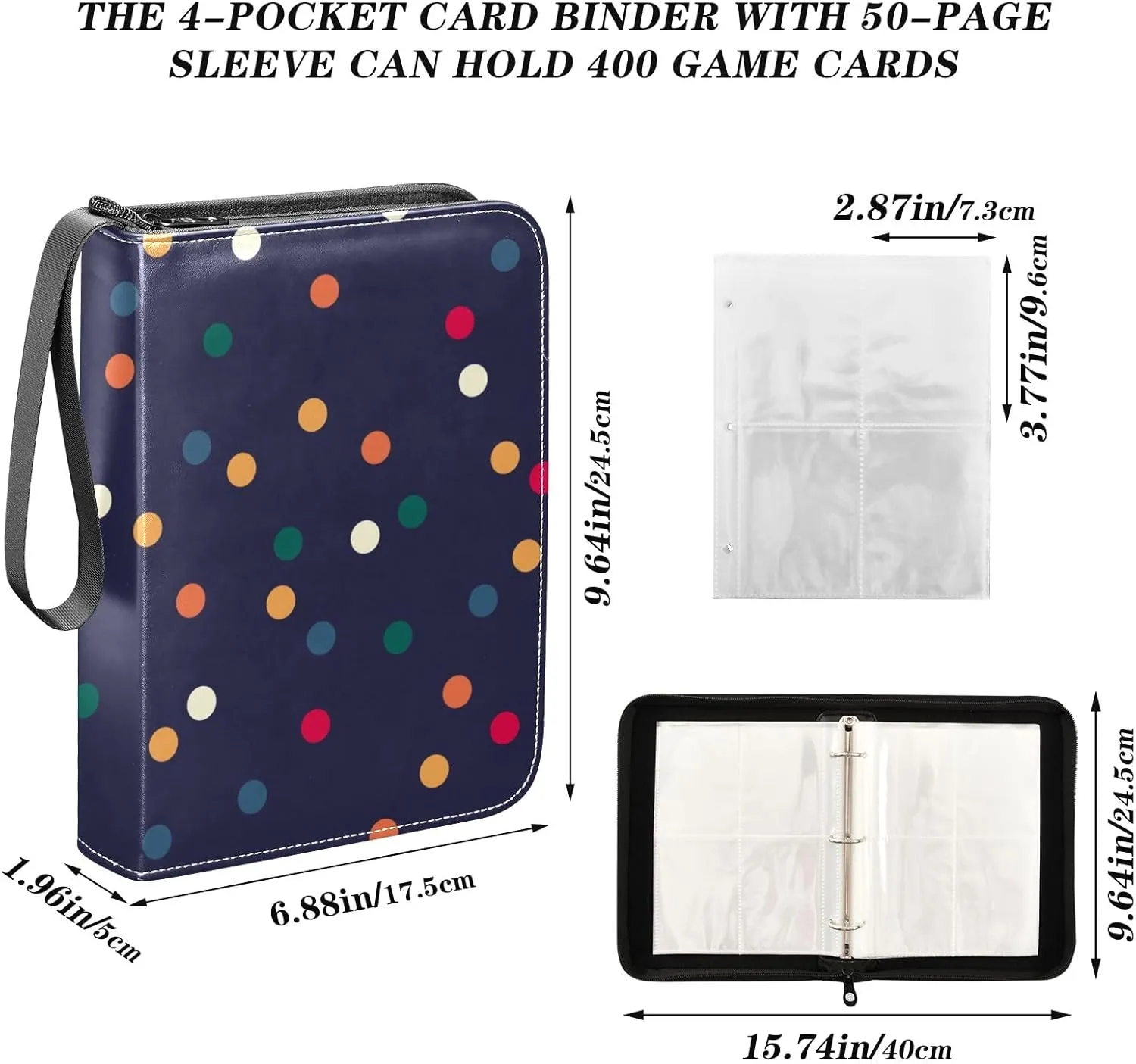 Colorful Polka Dots Card Collecting Binder, 4 Pocket Binder with Sleeves for Sports Cards, Game Cards