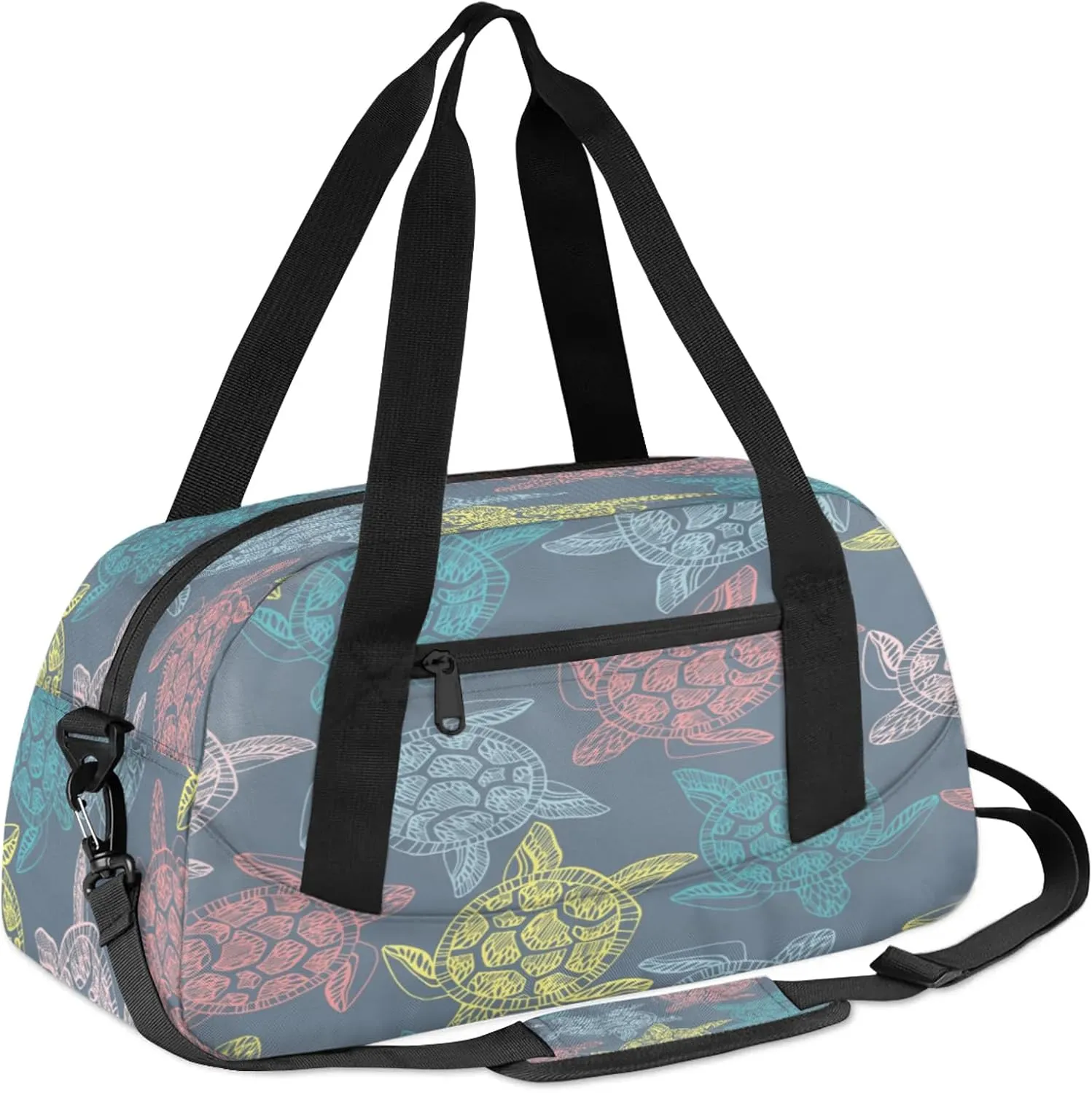 Colorful Sea Animal Turtle Kids Duffel Bag Lightweight Waterproof Sports Gym Bag with Front Zipper Pocket Foldable Weekender Overnight Bag for School Practice Gymnastic Ballet