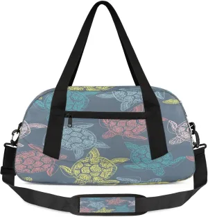 Colorful Sea Animal Turtle Kids Duffel Bag Lightweight Waterproof Sports Gym Bag with Front Zipper Pocket Foldable Weekender Overnight Bag for School Practice Gymnastic Ballet