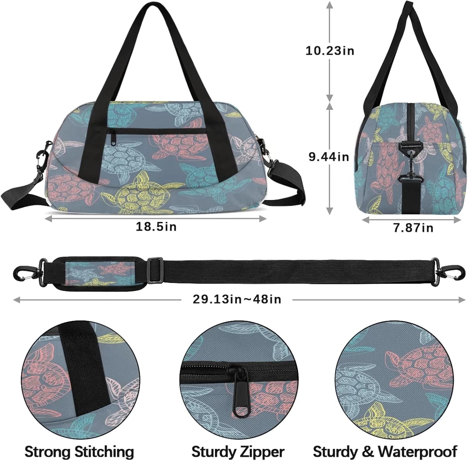Colorful Sea Animal Turtle Kids Duffel Bag Lightweight Waterproof Sports Gym Bag with Front Zipper Pocket Foldable Weekender Overnight Bag for School Practice Gymnastic Ballet