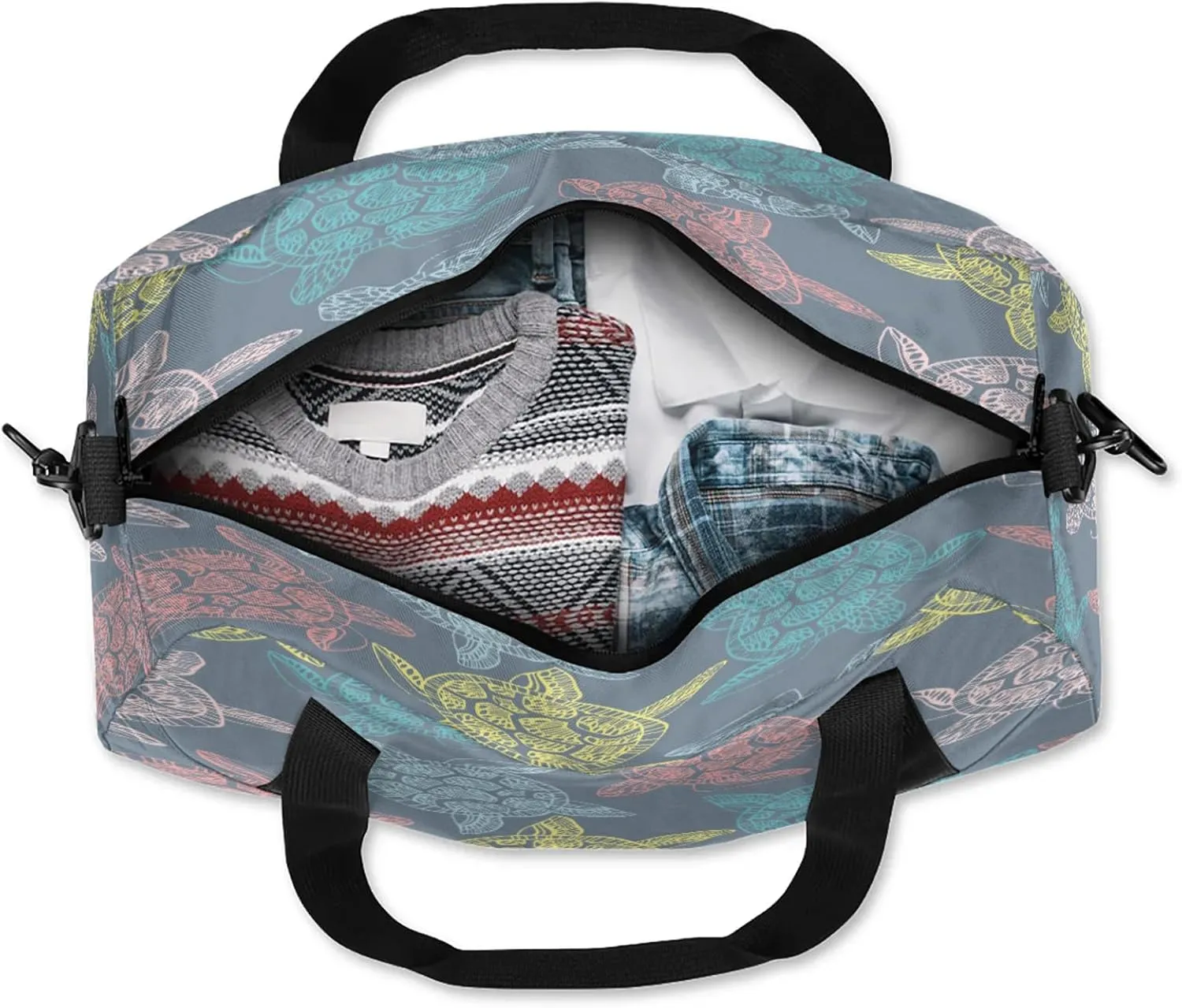 Colorful Sea Animal Turtle Kids Duffel Bag Lightweight Waterproof Sports Gym Bag with Front Zipper Pocket Foldable Weekender Overnight Bag for School Practice Gymnastic Ballet