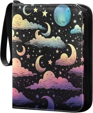 Colorful Sky Moon Card Binder 4-Pocket, 400 Pockets Card Holder with 50 Removable Sleeves and Zipper for Games Baseball Football Sports Card