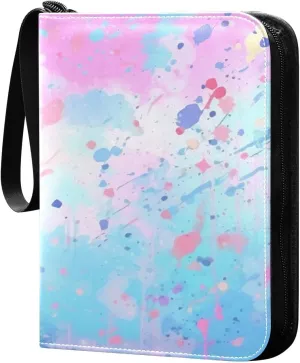 Colorful Splats Card Binder 4-Pocket, 400 Pockets PU Waterproof Zippered Collector Card Album with 50 Removable Sleeves for Trading, Game Cards