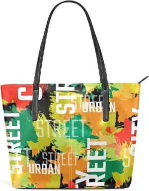 Colorful Urban Design Tote Bag for Women Leather Shoulder Handbag with Zipper and Pockets Fashion Casual Handle Bag Purse for Travel Beach Working Laptop School Gym Shopping