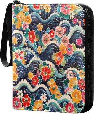 Colorful Wave Floral Card Binder 4-Pocket, 400 Pockets PU Waterproof Zippered Collector Card Album with 50 Removable Sleeves for Trading, Game Cards