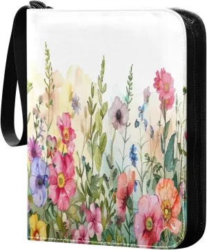 Colorful Wild Flowers (13) Card Binder with 50 Removable Page Sleeves PU Leather Collectible Trading Card Albums Book with Zipper for Games Card,Baseball Cards