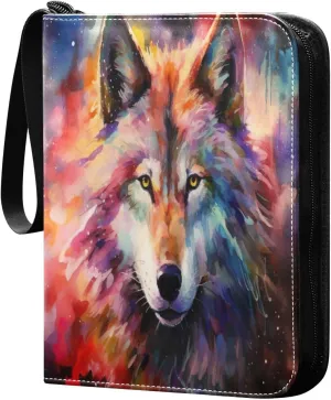 Colorful Wolf Card Binder with 50 Removable Page Sleeves PU Leather Collectible Trading Card Albums Book with Zipper for Games Card,Baseball Cards