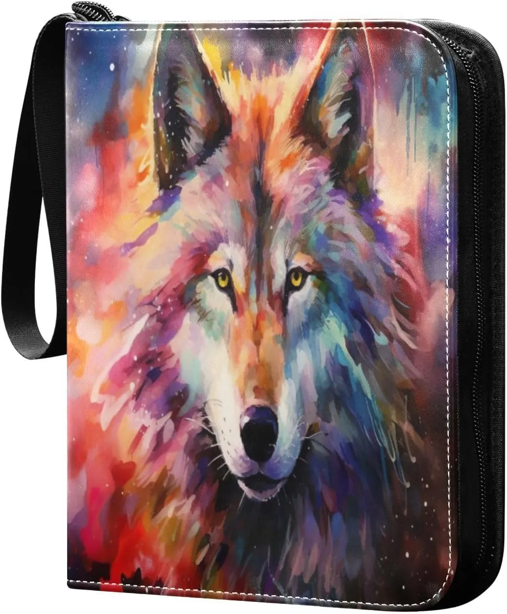 Colorful Wolf Card Binder with 50 Removable Page Sleeves PU Leather Collectible Trading Card Albums Book with Zipper for Games Card,Baseball Cards
