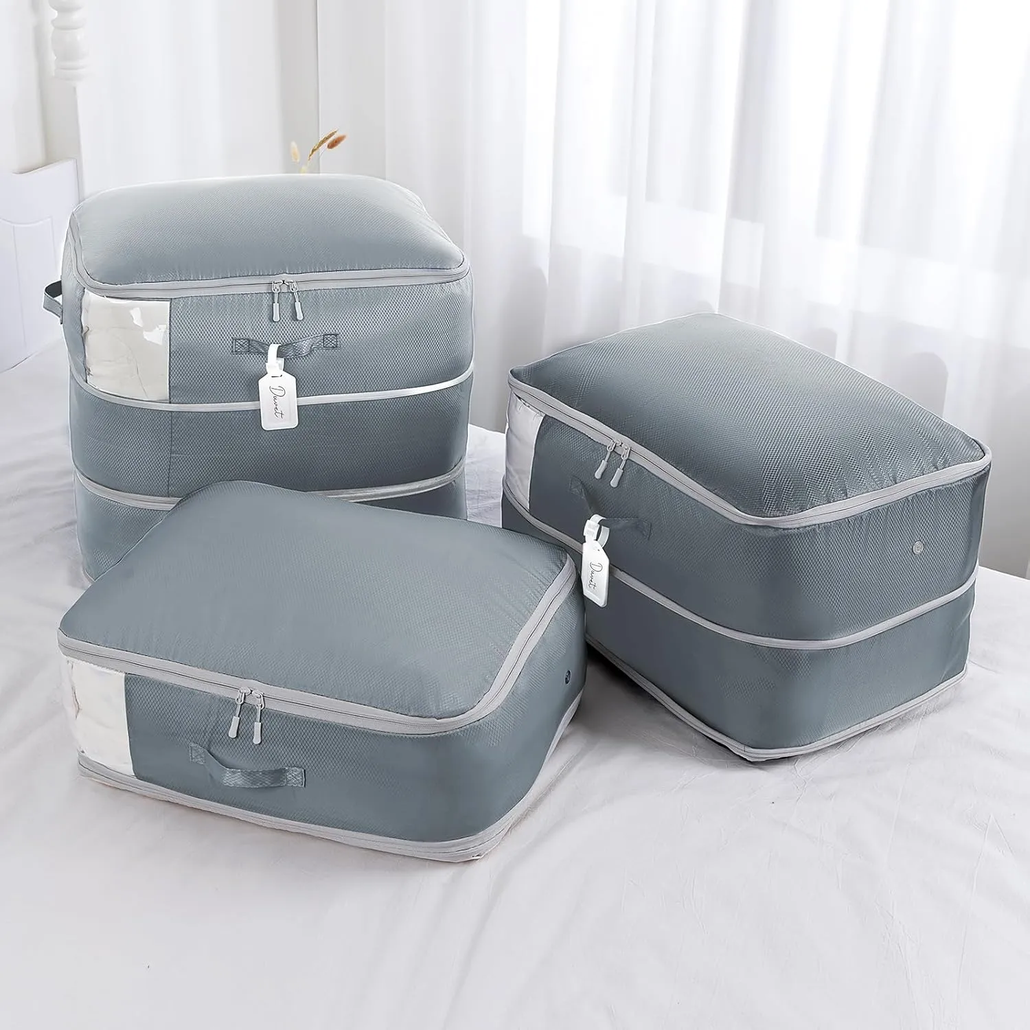 Comforter Storage Bag - Large Capacity Blanket Storage Bags 3-Layer Ultra Space Saving Self Compression Organizer, Washable Compression Bags for Storage Comforter Blanket, 2-Pack, Grey