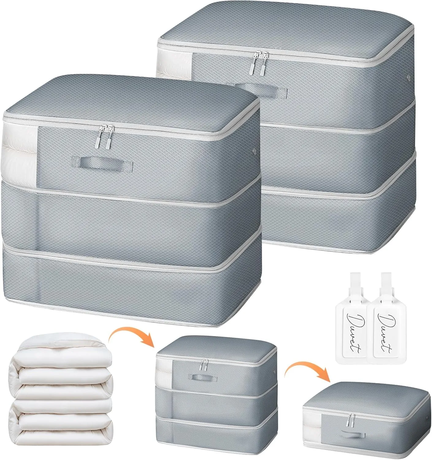 Comforter Storage Bag - Large Capacity Blanket Storage Bags 3-Layer Ultra Space Saving Self Compression Organizer, Washable Compression Bags for Storage Comforter Blanket, 2-Pack, Grey