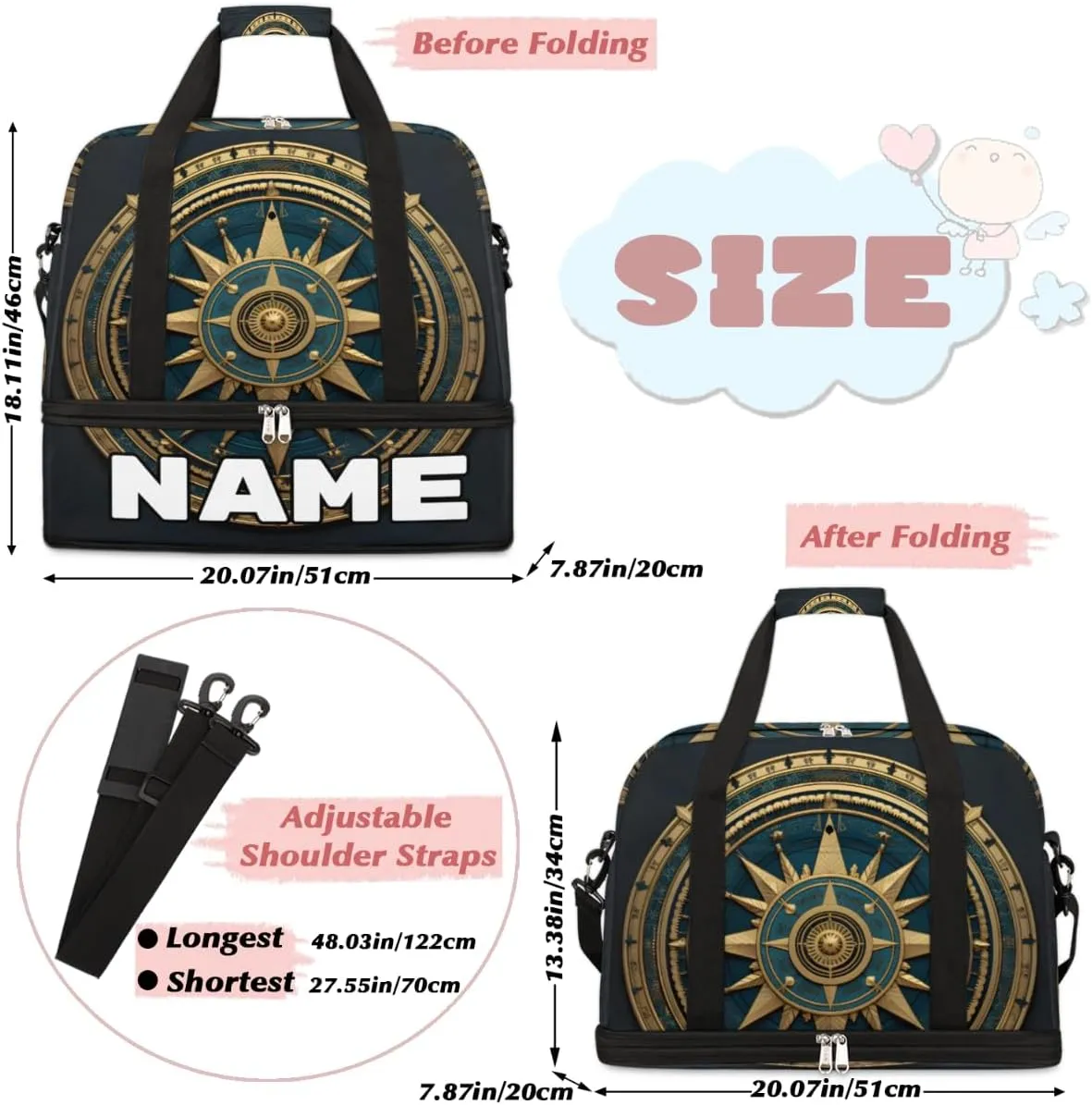 Compass Custom Foldable Duffle Bag with Shoes Compartment Personalized Large Capacity Waterproof Travel Weekender Bag Overnight Bag for Sports Gym