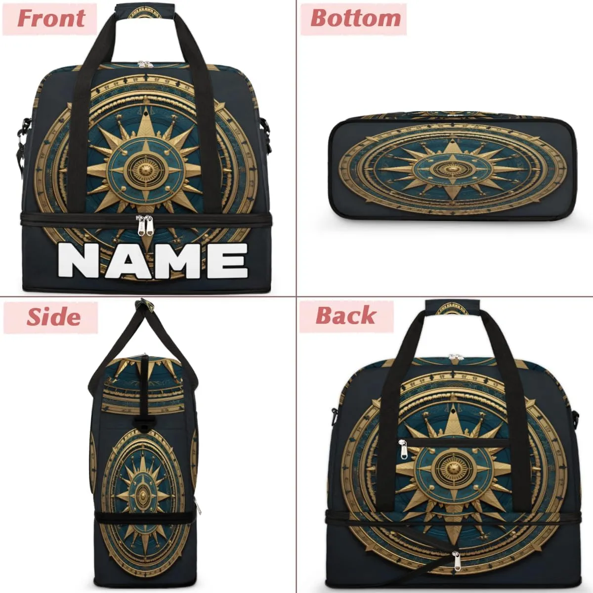 Compass Custom Foldable Duffle Bag with Shoes Compartment Personalized Large Capacity Waterproof Travel Weekender Bag Overnight Bag for Sports Gym
