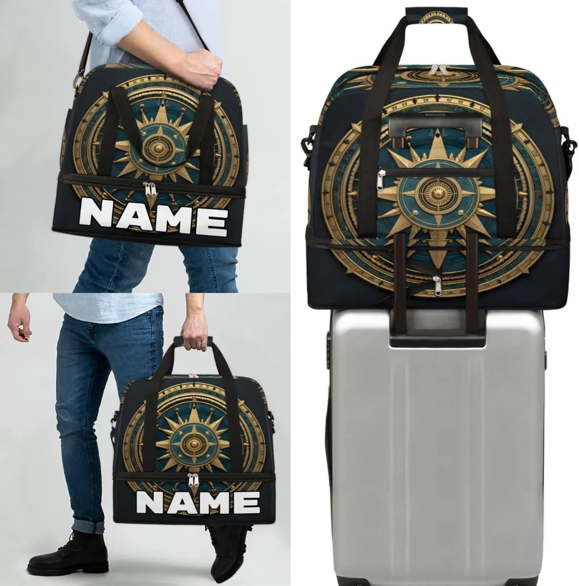 Compass Custom Foldable Duffle Bag with Shoes Compartment Personalized Large Capacity Waterproof Travel Weekender Bag Overnight Bag for Sports Gym