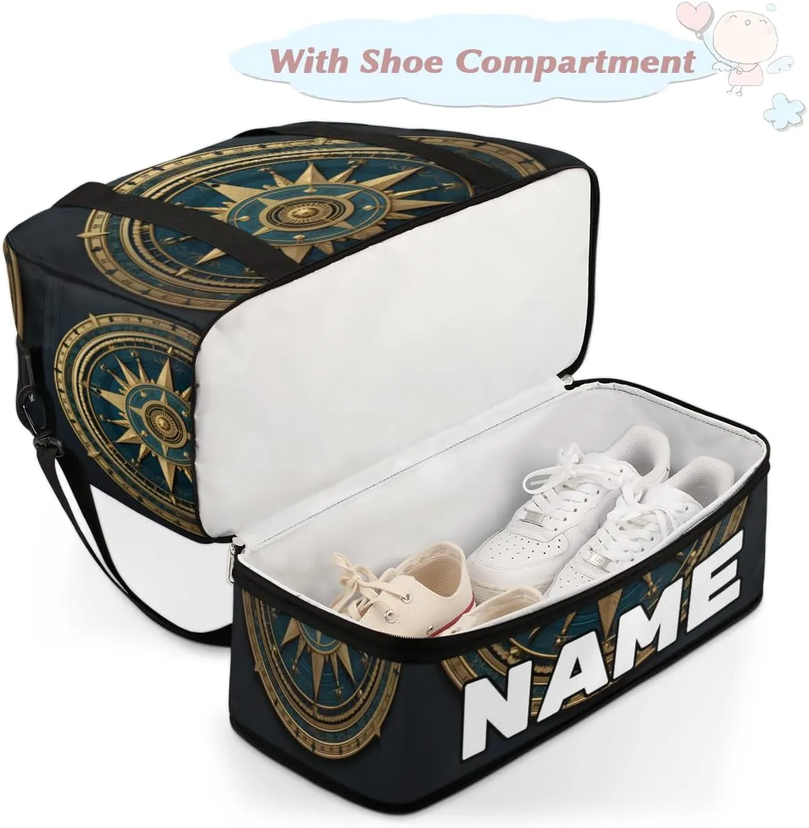 Compass Custom Foldable Duffle Bag with Shoes Compartment Personalized Large Capacity Waterproof Travel Weekender Bag Overnight Bag for Sports Gym