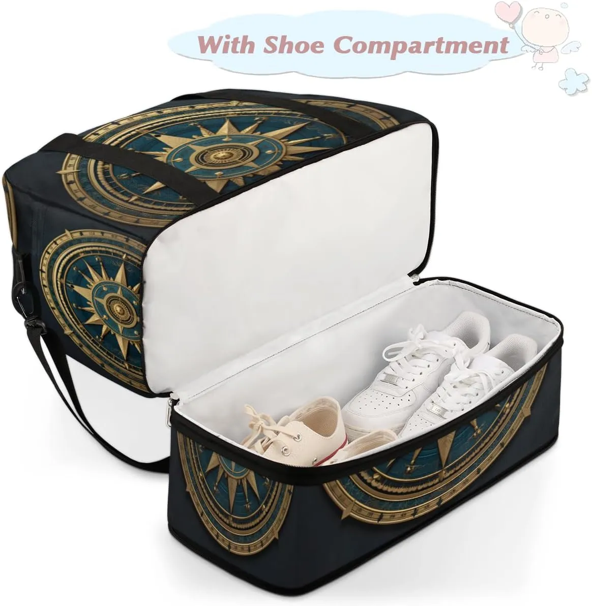 Compass Foldable Duffle Bag with Shoes Compartment Large Capacity Waterproof Travel Weekender Bag Overnight Bag for Sports Gym