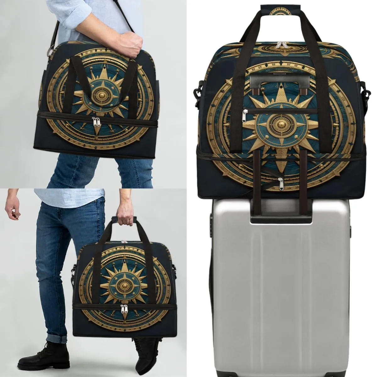 Compass Foldable Duffle Bag with Shoes Compartment Large Capacity Waterproof Travel Weekender Bag Overnight Bag for Sports Gym