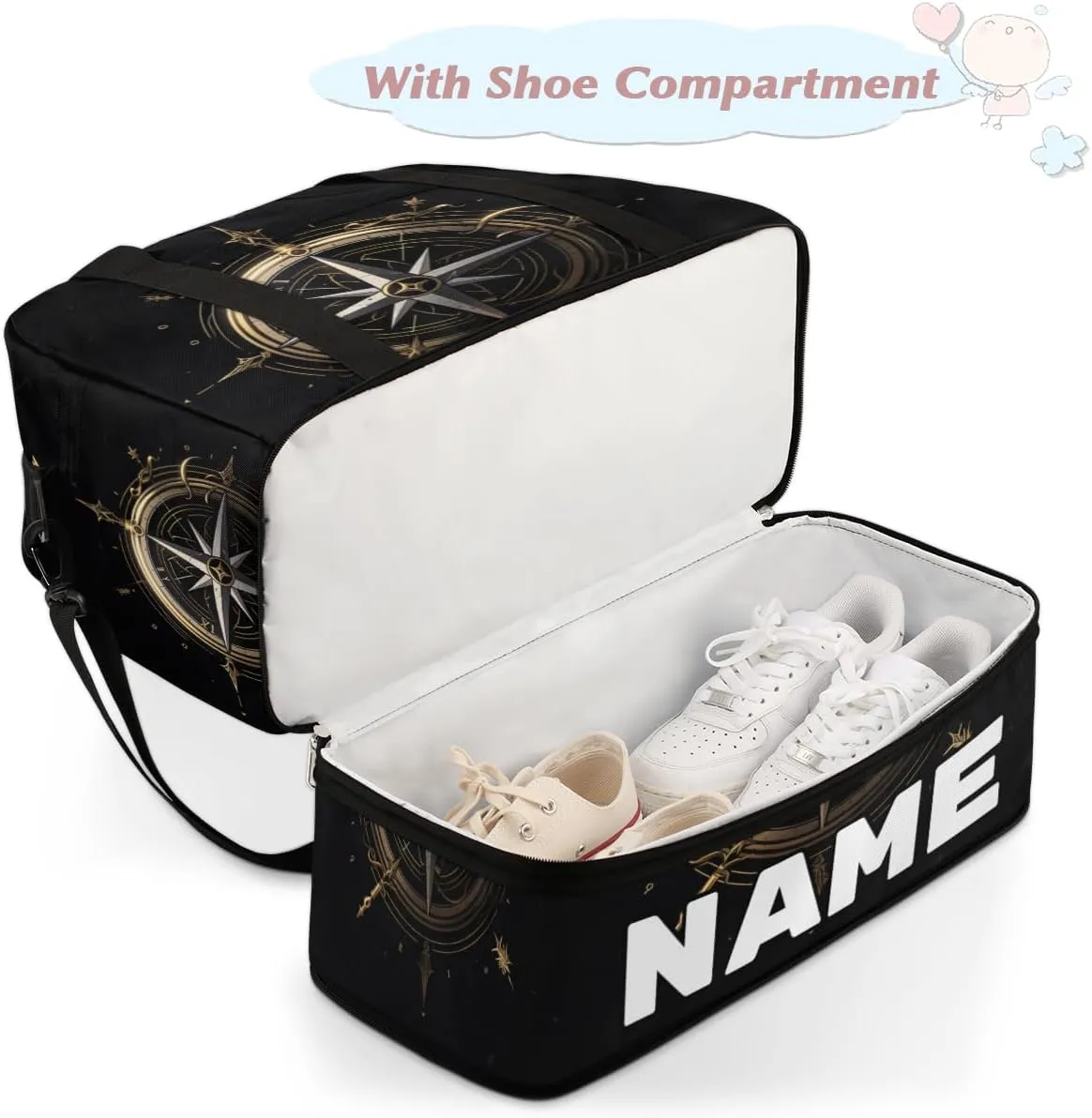 Compass Pattern Custom Foldable Duffle Bag with Shoes Compartment Personalized Large Capacity Waterproof Travel Weekender Bag Overnight Bag for Sports Gym