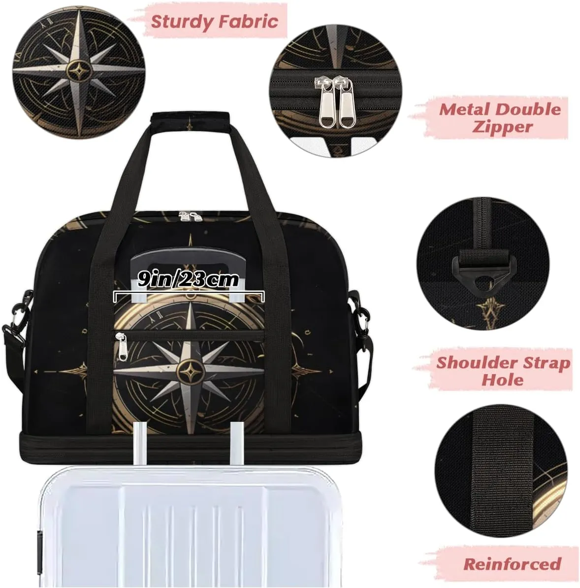 Compass Pattern Custom Foldable Duffle Bag with Shoes Compartment Personalized Large Capacity Waterproof Travel Weekender Bag Overnight Bag for Sports Gym