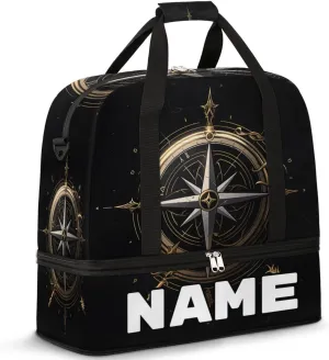 Compass Pattern Custom Foldable Duffle Bag with Shoes Compartment Personalized Large Capacity Waterproof Travel Weekender Bag Overnight Bag for Sports Gym