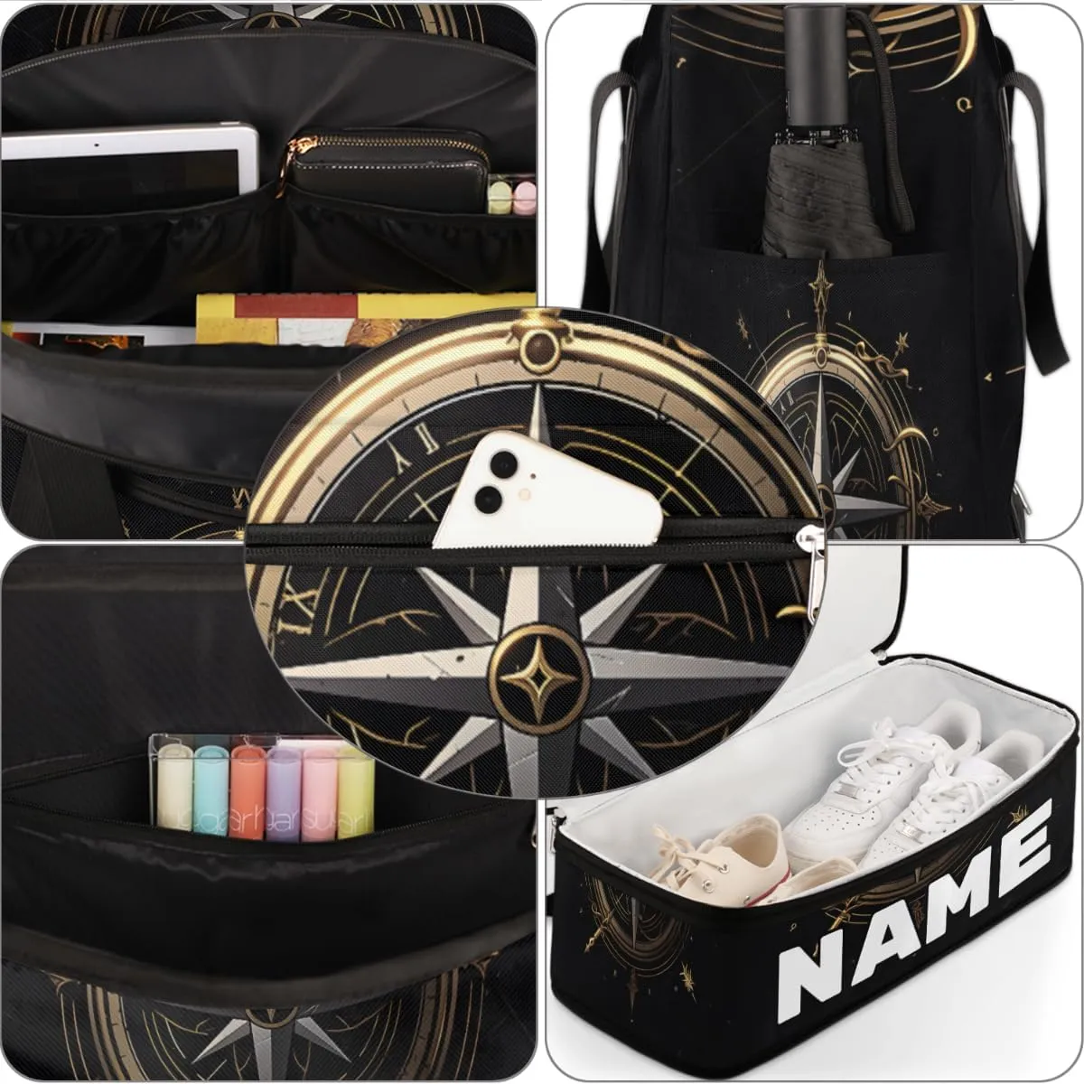 Compass Pattern Custom Foldable Duffle Bag with Shoes Compartment Personalized Large Capacity Waterproof Travel Weekender Bag Overnight Bag for Sports Gym