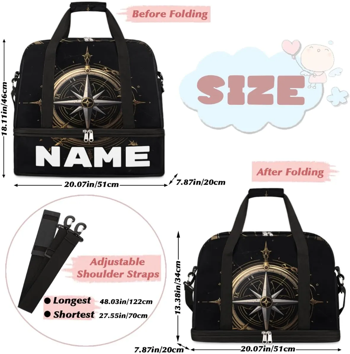 Compass Pattern Custom Foldable Duffle Bag with Shoes Compartment Personalized Large Capacity Waterproof Travel Weekender Bag Overnight Bag for Sports Gym