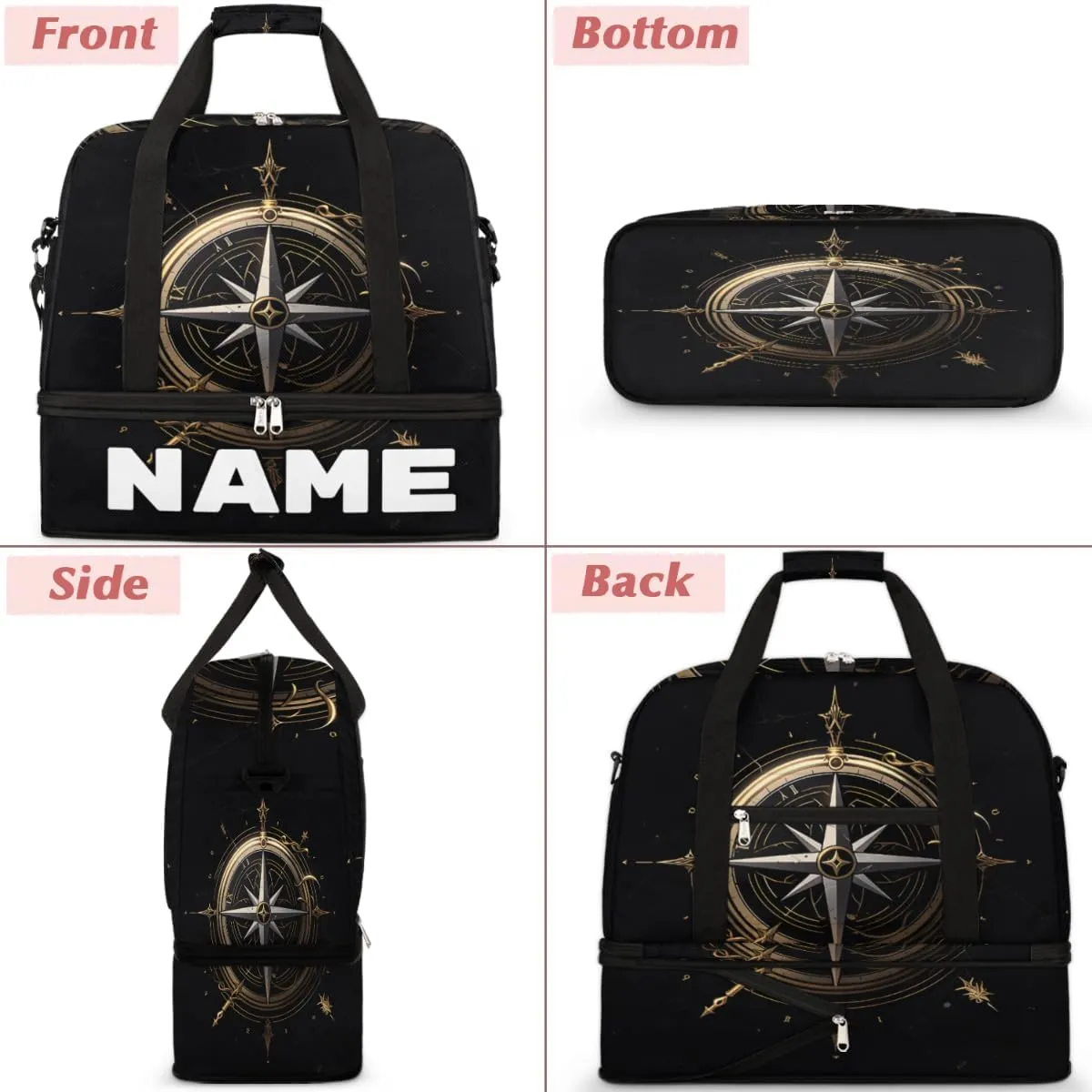 Compass Pattern Custom Foldable Duffle Bag with Shoes Compartment Personalized Large Capacity Waterproof Travel Weekender Bag Overnight Bag for Sports Gym