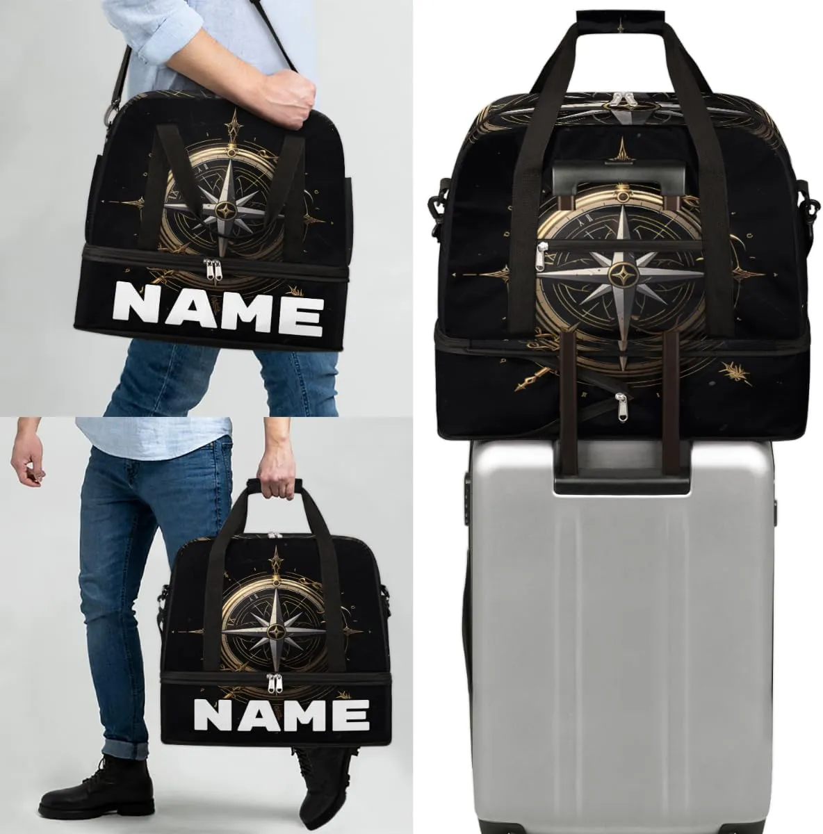 Compass Pattern Custom Foldable Duffle Bag with Shoes Compartment Personalized Large Capacity Waterproof Travel Weekender Bag Overnight Bag for Sports Gym