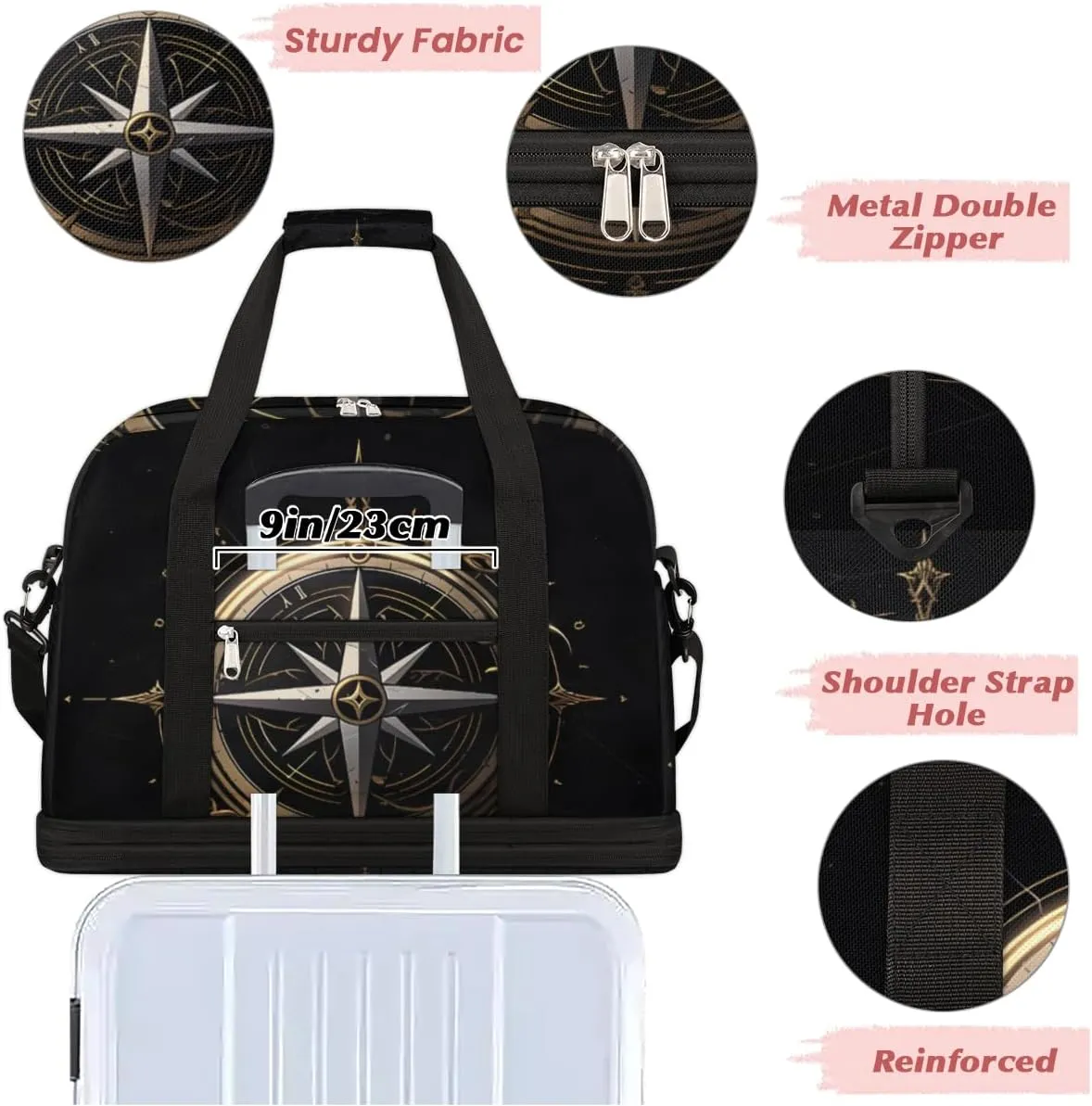 Compass Pattern Foldable Duffle Bag with Shoes Compartment Large Capacity Waterproof Travel Weekender Bag Overnight Bag for Sports Gym
