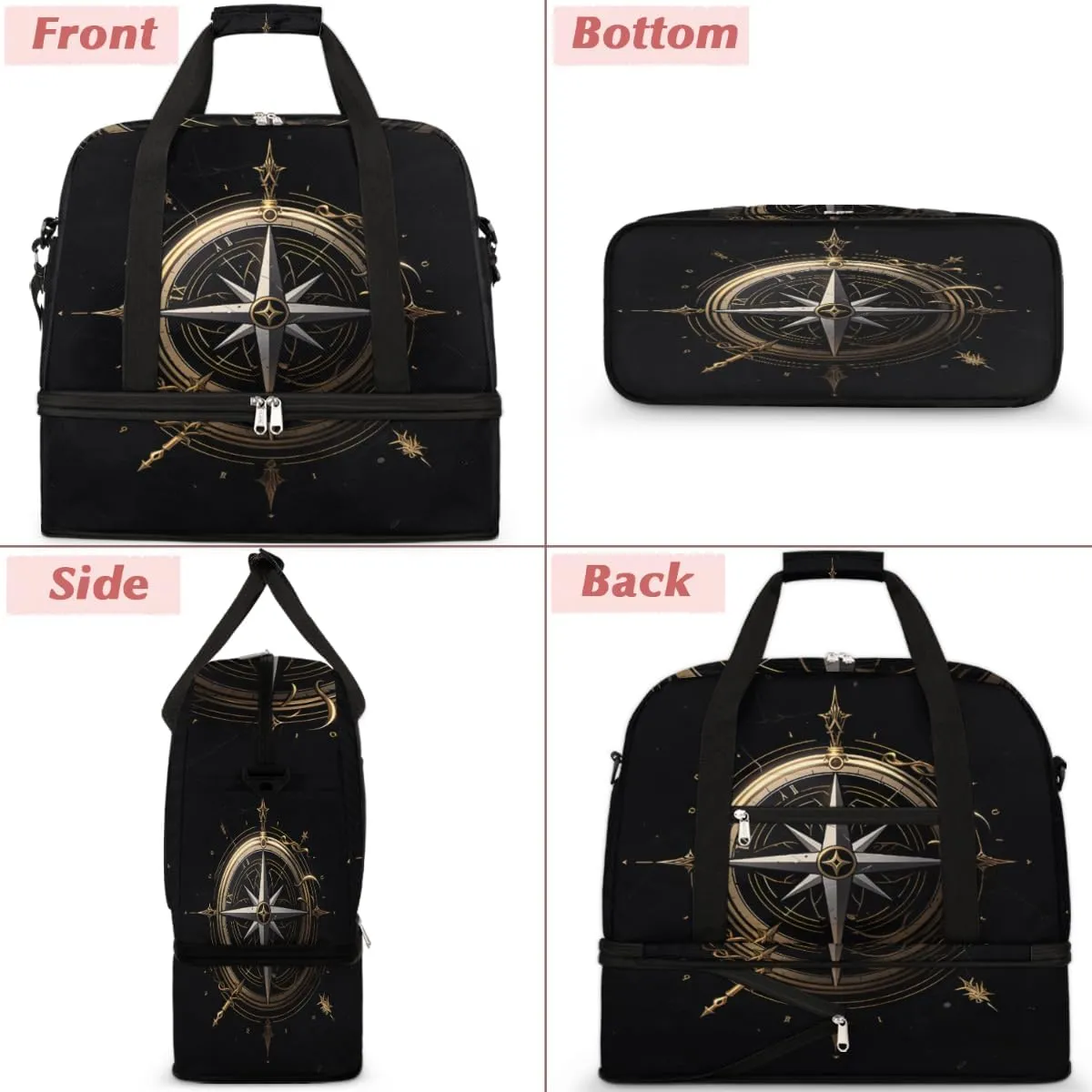 Compass Pattern Foldable Duffle Bag with Shoes Compartment Large Capacity Waterproof Travel Weekender Bag Overnight Bag for Sports Gym