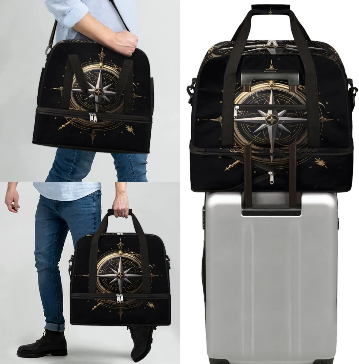 Compass Pattern Foldable Duffle Bag with Shoes Compartment Large Capacity Waterproof Travel Weekender Bag Overnight Bag for Sports Gym