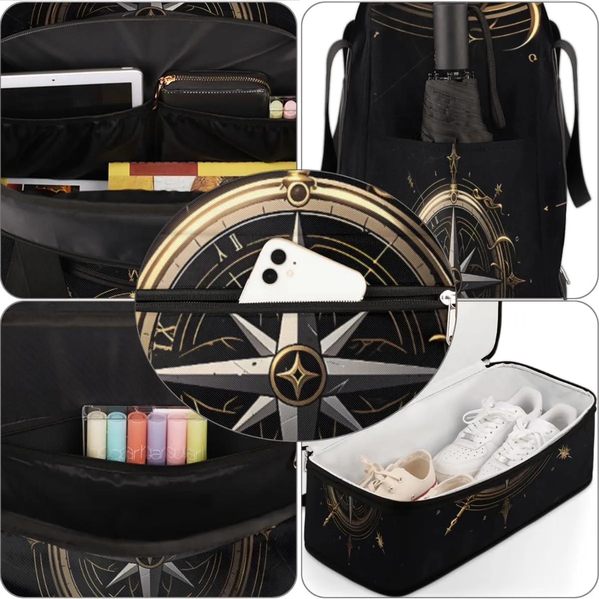 Compass Pattern Foldable Duffle Bag with Shoes Compartment Large Capacity Waterproof Travel Weekender Bag Overnight Bag for Sports Gym
