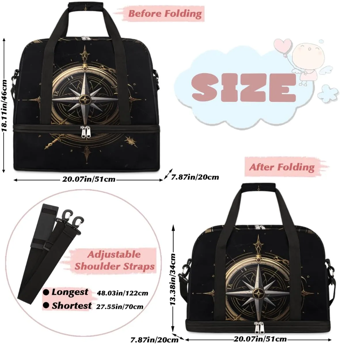 Compass Pattern Foldable Duffle Bag with Shoes Compartment Large Capacity Waterproof Travel Weekender Bag Overnight Bag for Sports Gym