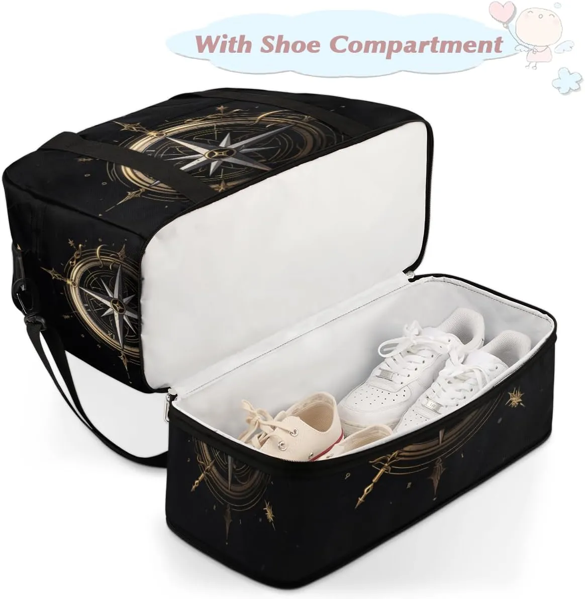 Compass Pattern Foldable Duffle Bag with Shoes Compartment Large Capacity Waterproof Travel Weekender Bag Overnight Bag for Sports Gym