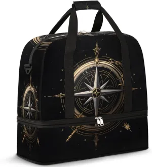 Compass Pattern Foldable Duffle Bag with Shoes Compartment Large Capacity Waterproof Travel Weekender Bag Overnight Bag for Sports Gym