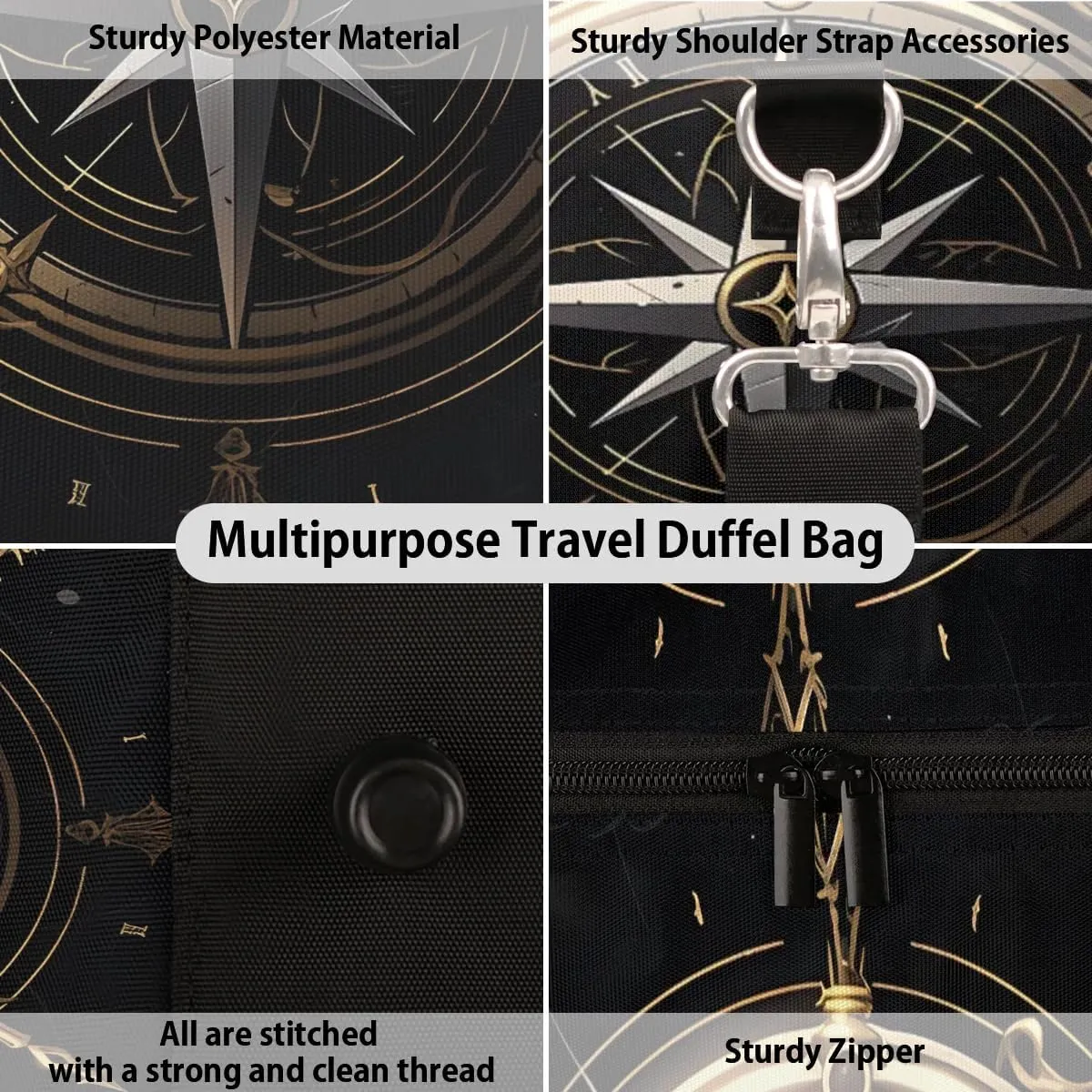 Compass Pattern Travel Duffel Bag for Women Men Waterproof Foldable Overnight Weekender Bag Large Capacity Sports Gym Bag