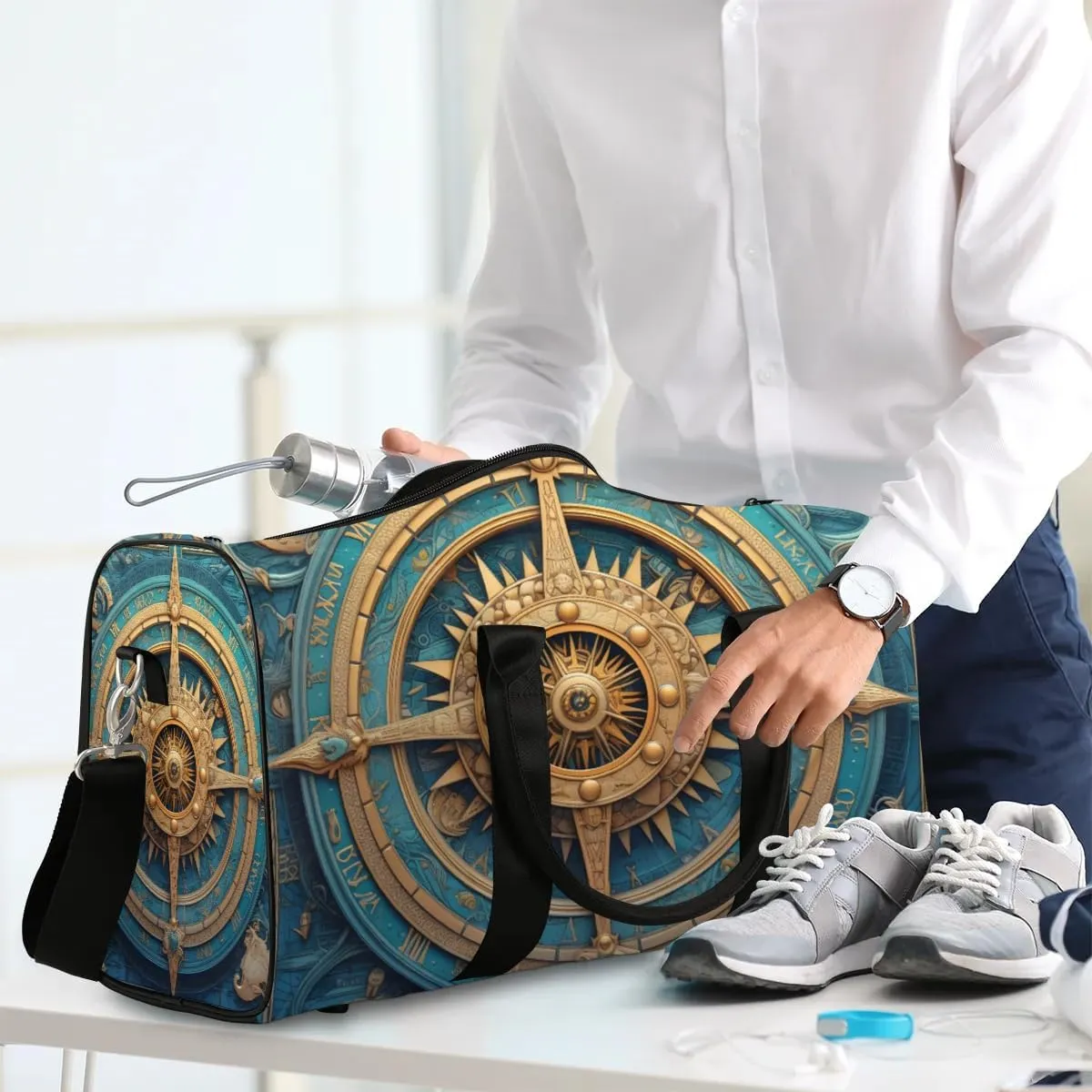Compass Printed Travel Duffel Bag for Women Men Waterproof Foldable Overnight Weekender Bag Large Capacity Sports Gym Bag