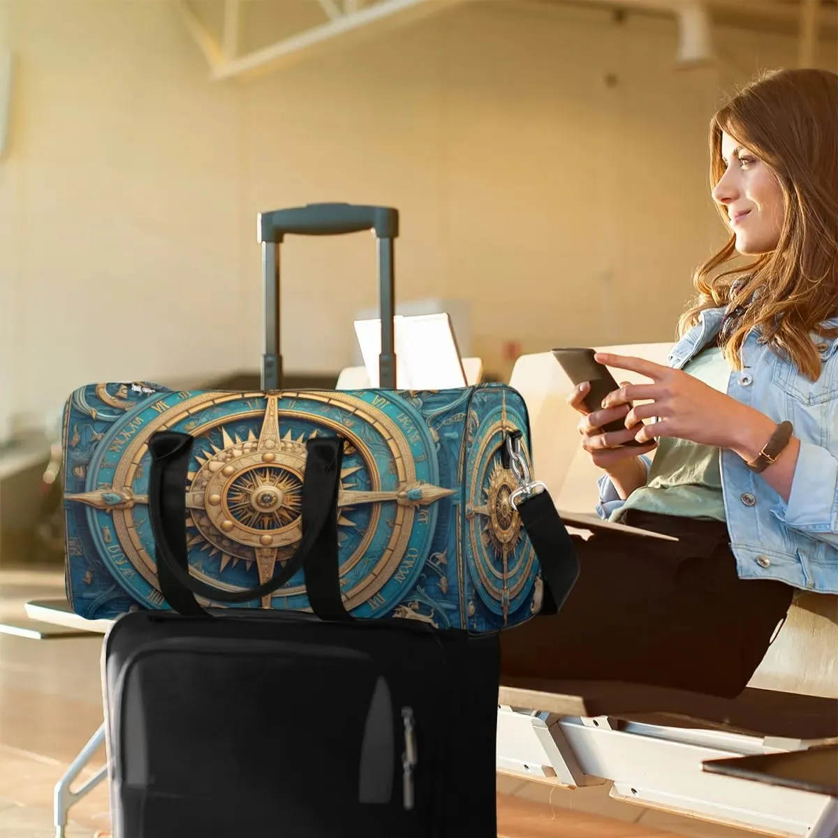 Compass Printed Travel Duffel Bag for Women Men Waterproof Foldable Overnight Weekender Bag Large Capacity Sports Gym Bag