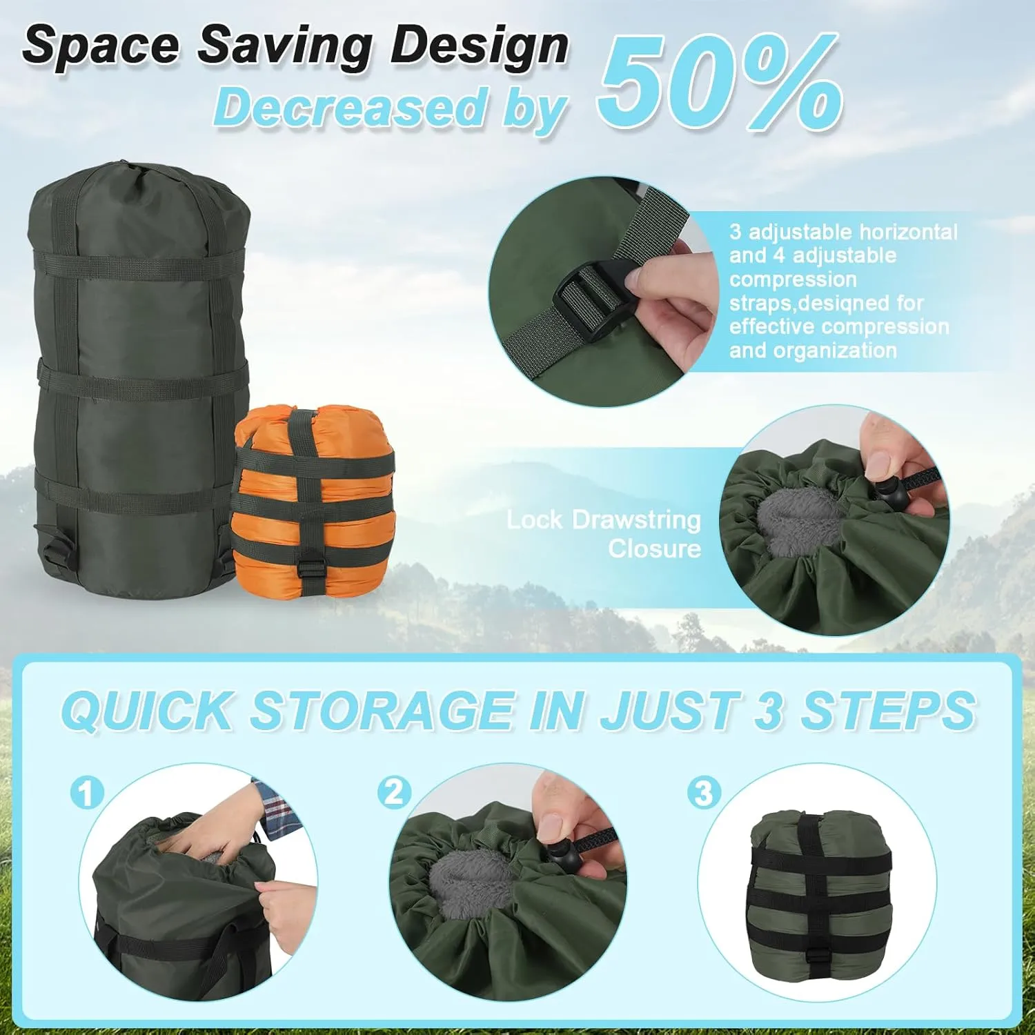 Compression Sack for Sleeping Bag Stuff Sack Adjustable Sleeping Bag Compression Stuff Sack 6L   15L  18L   30L   45L 52L Space Saving Gear for Backpacking Hiking Camping Outdoor and Travel Storage