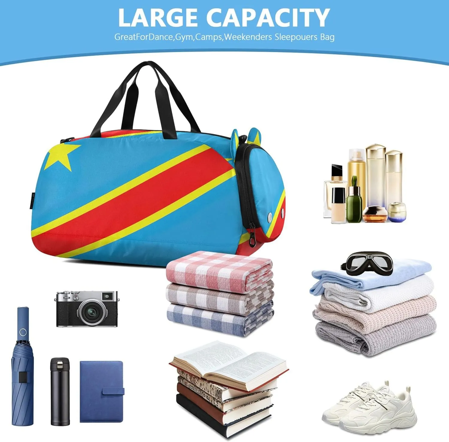 Congo Flag Travel Duffle Bags Girls Tote Overnight Weekender Duffel Shoe Compartment Carry on Duffel Bag Boys