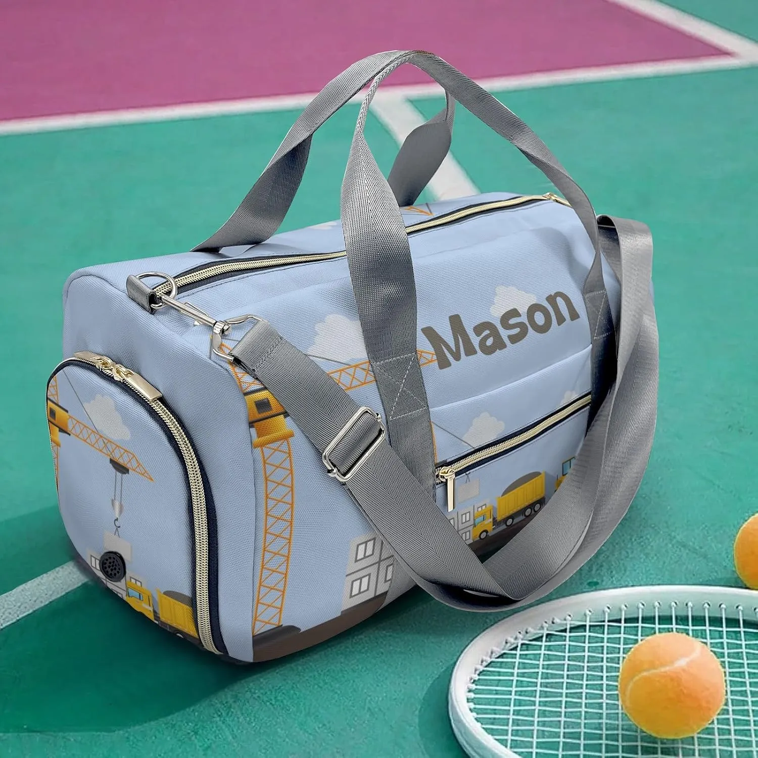 Construction Machinery Crane Personalized Duffel Bag,Custom Travel Gym Bag with Name,Waterproof Sports Overnight Bag with Shoe Compartment & Shoulder Strap