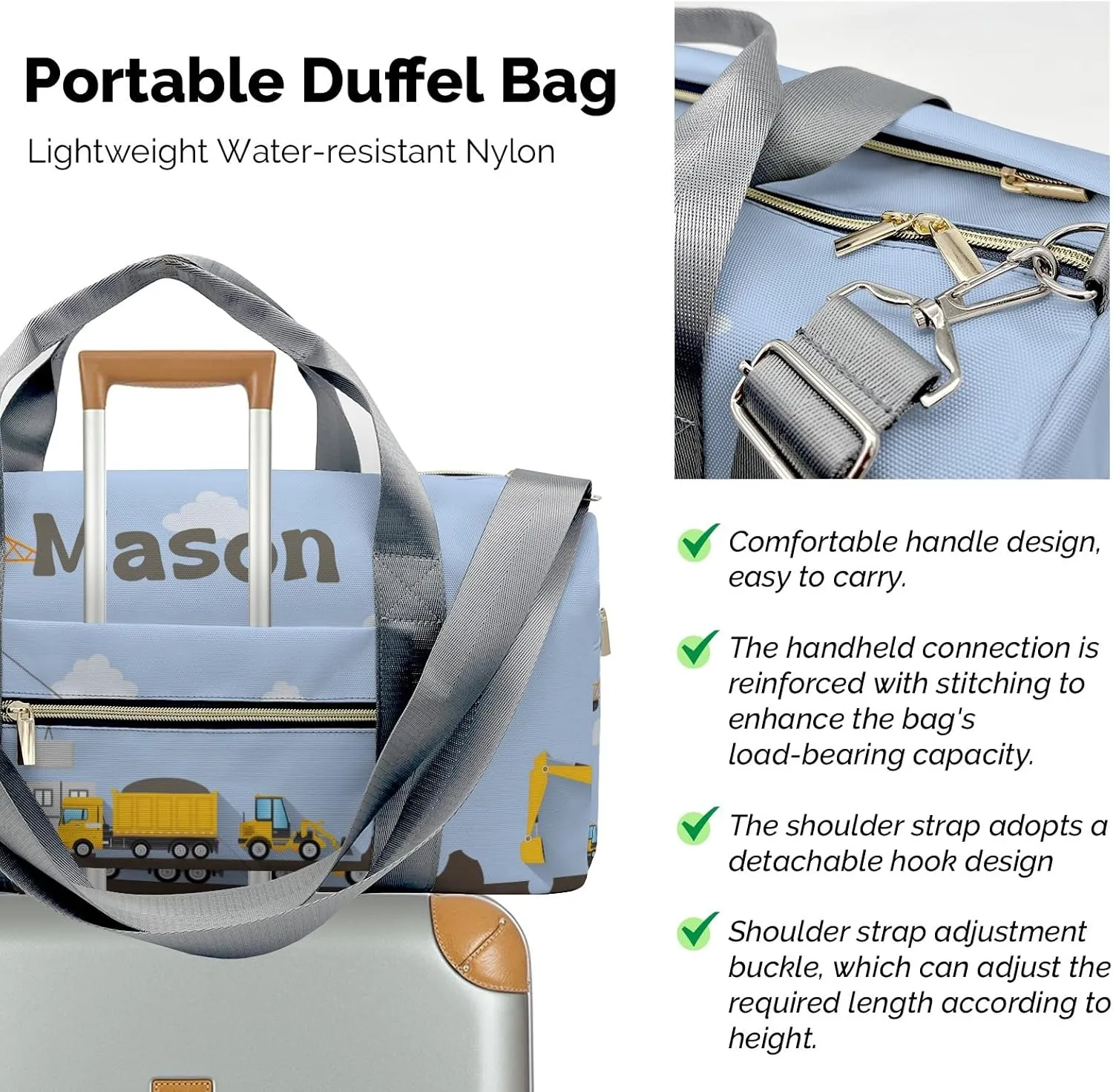 Construction Machinery Crane Personalized Duffel Bag,Custom Travel Gym Bag with Name,Waterproof Sports Overnight Bag with Shoe Compartment & Shoulder Strap